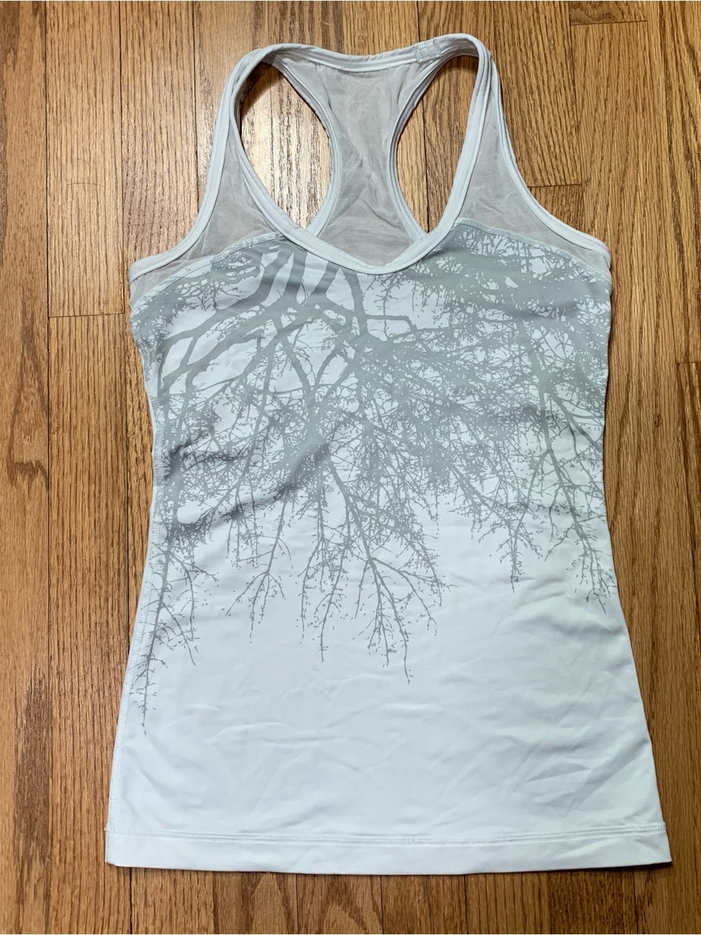 Lululemon Vintage Mesh Racerback Tank White Gray Tree Print Run Gym Size 4